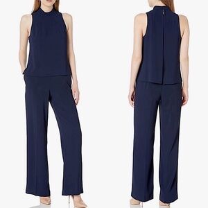 Trina Turk Marissa Jumpsuit Sleeveless Mock Neck Popover Split Back Navy Blue 8